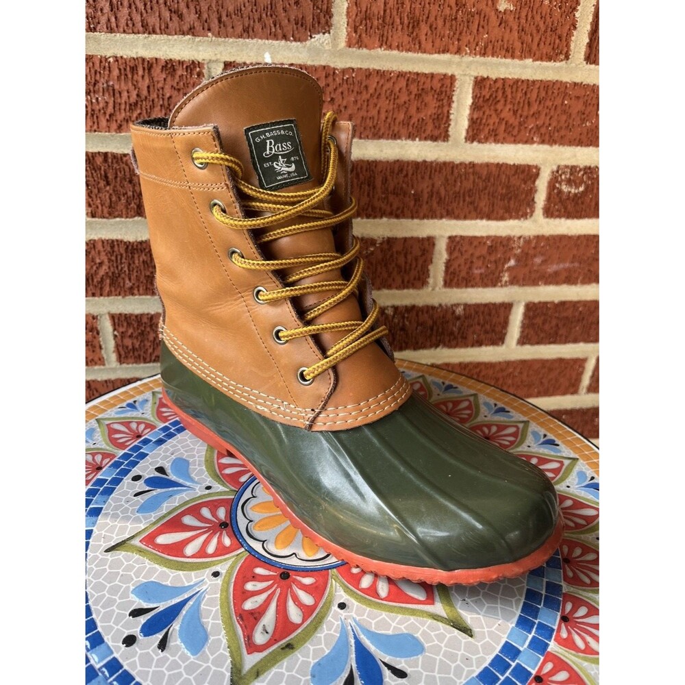 G. H. Bass Harlequin F16 Womens 10 Green Leather Tan Duck Boots Herringbone